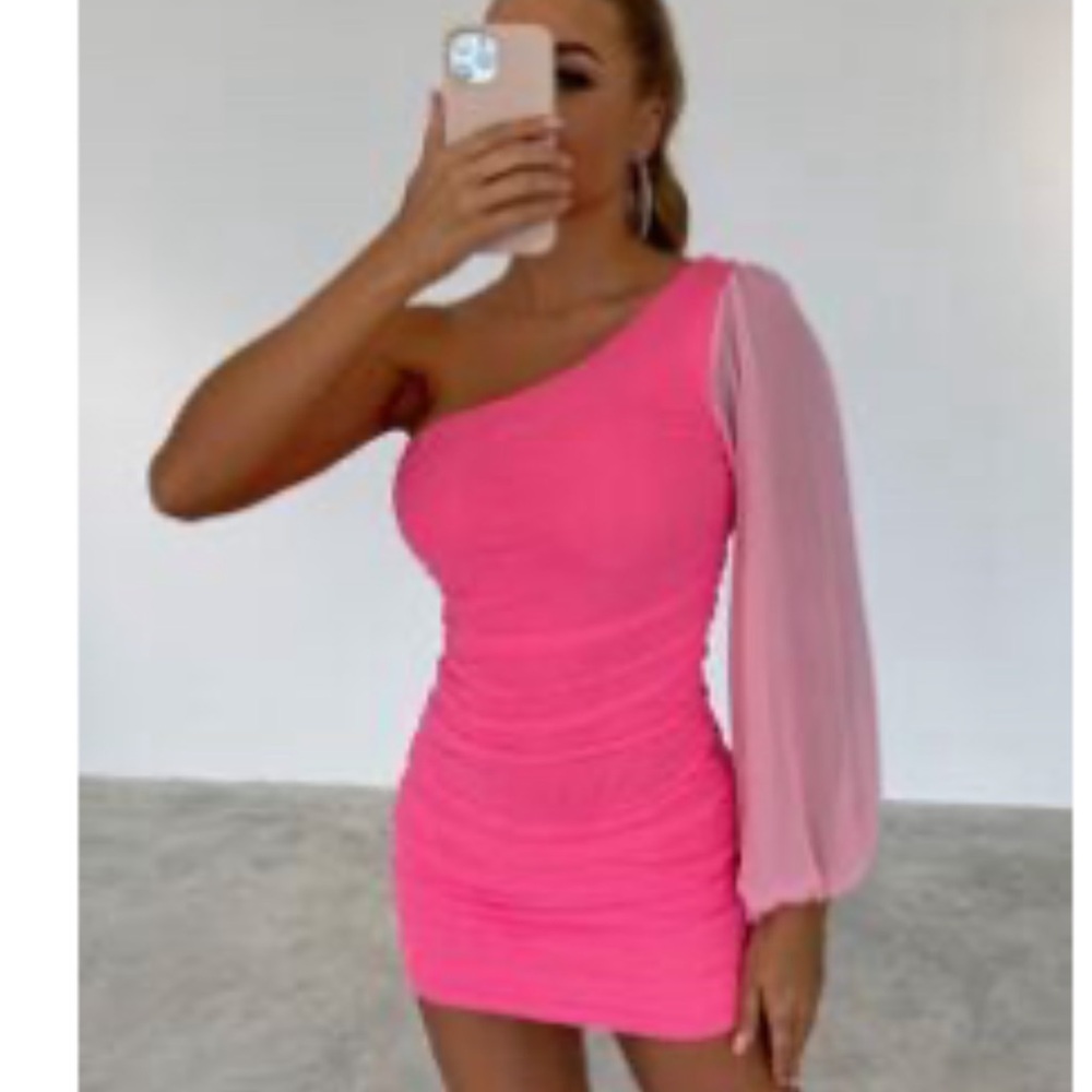 One-Shoulder Ruched Mini Dress in Bright Hot Pink